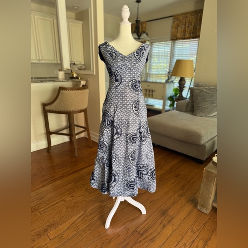 Navy and white paisley high low boat neck cotton midi dress